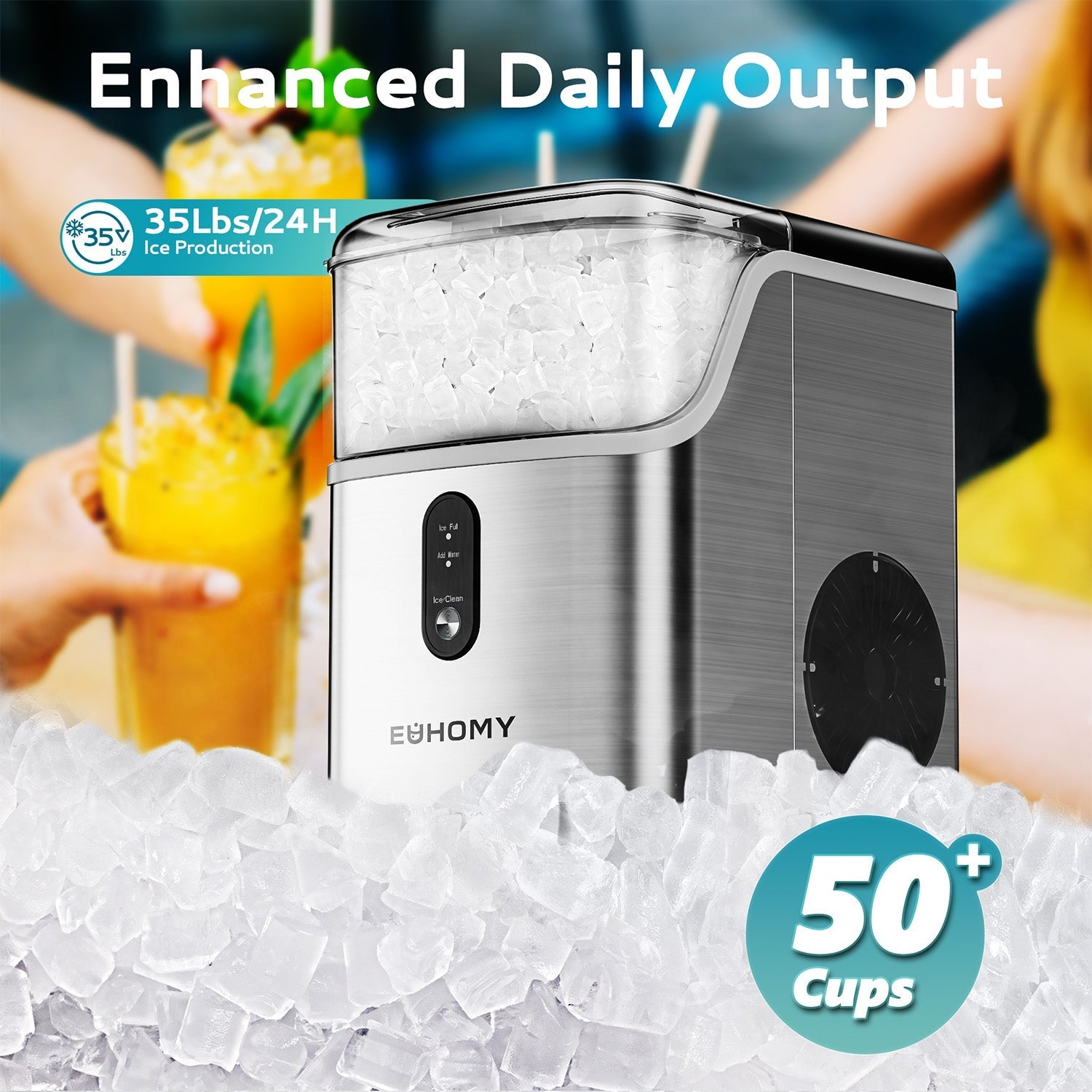 EUHOMY Pebble Ice Maker Machine with 35lbs/24H Soft Ice, Self-Cleaning Includes 2 Bottles of Cleaner - Euhomy
