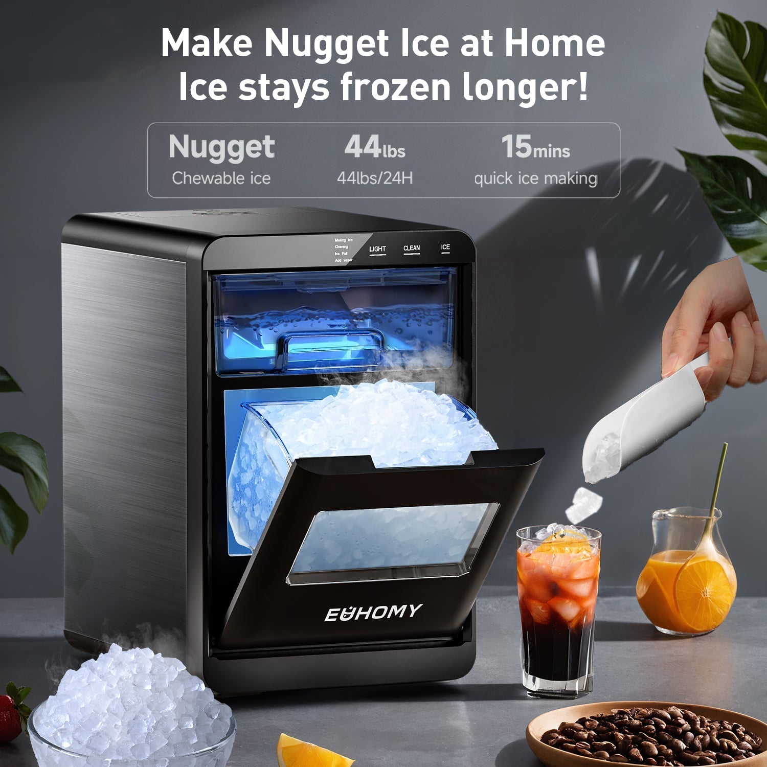 EUHOMY Nugget Ice Maker Countertop, 44Lbs/24H Pebble Ice Maker Machine Includes 2 Bottles of Cleaner - Euhomy