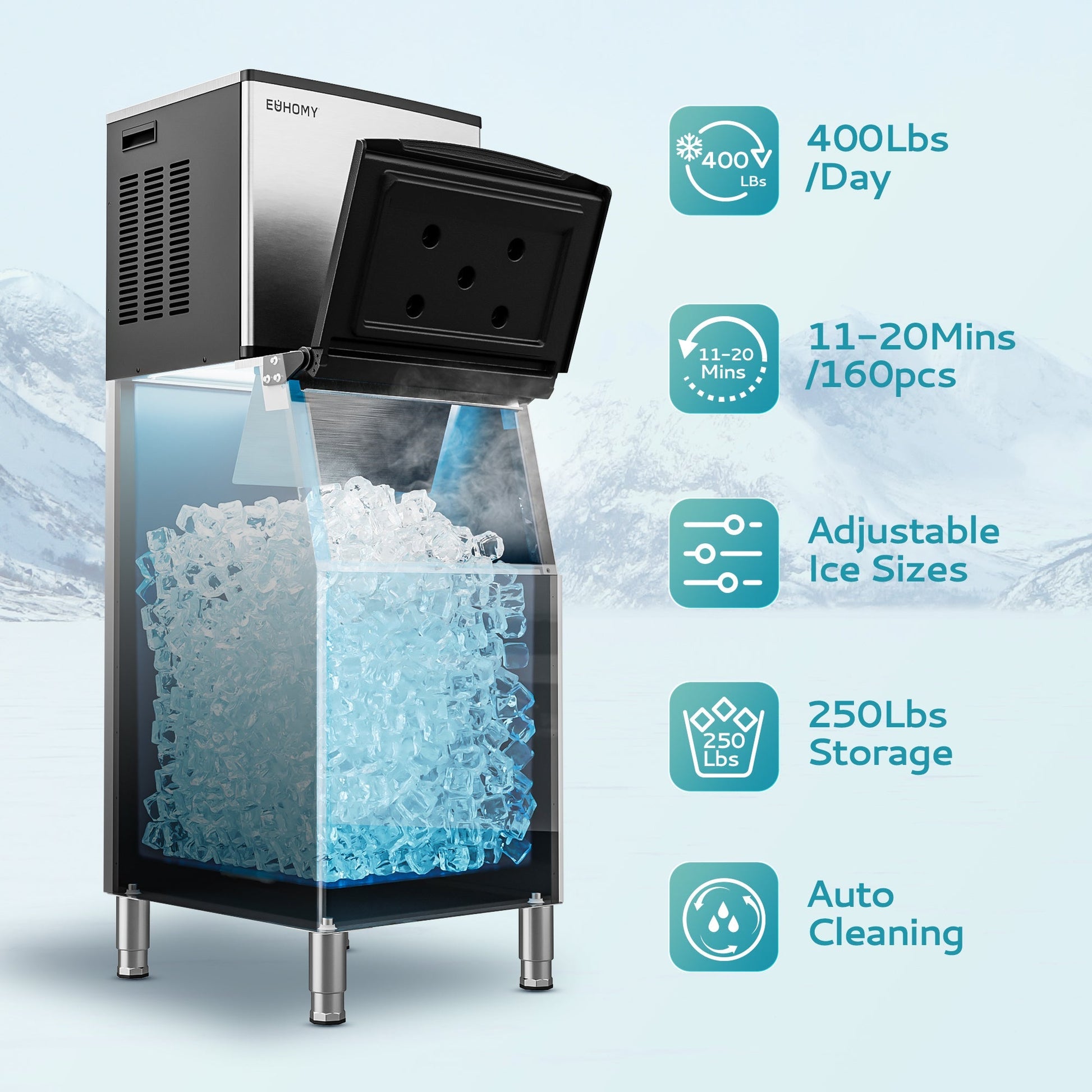 EUHOMY 339/449Lbs/24H Easy Use Commercial Ice Maker Machine Includes 2 Bottles of Cleaner - Euhomy