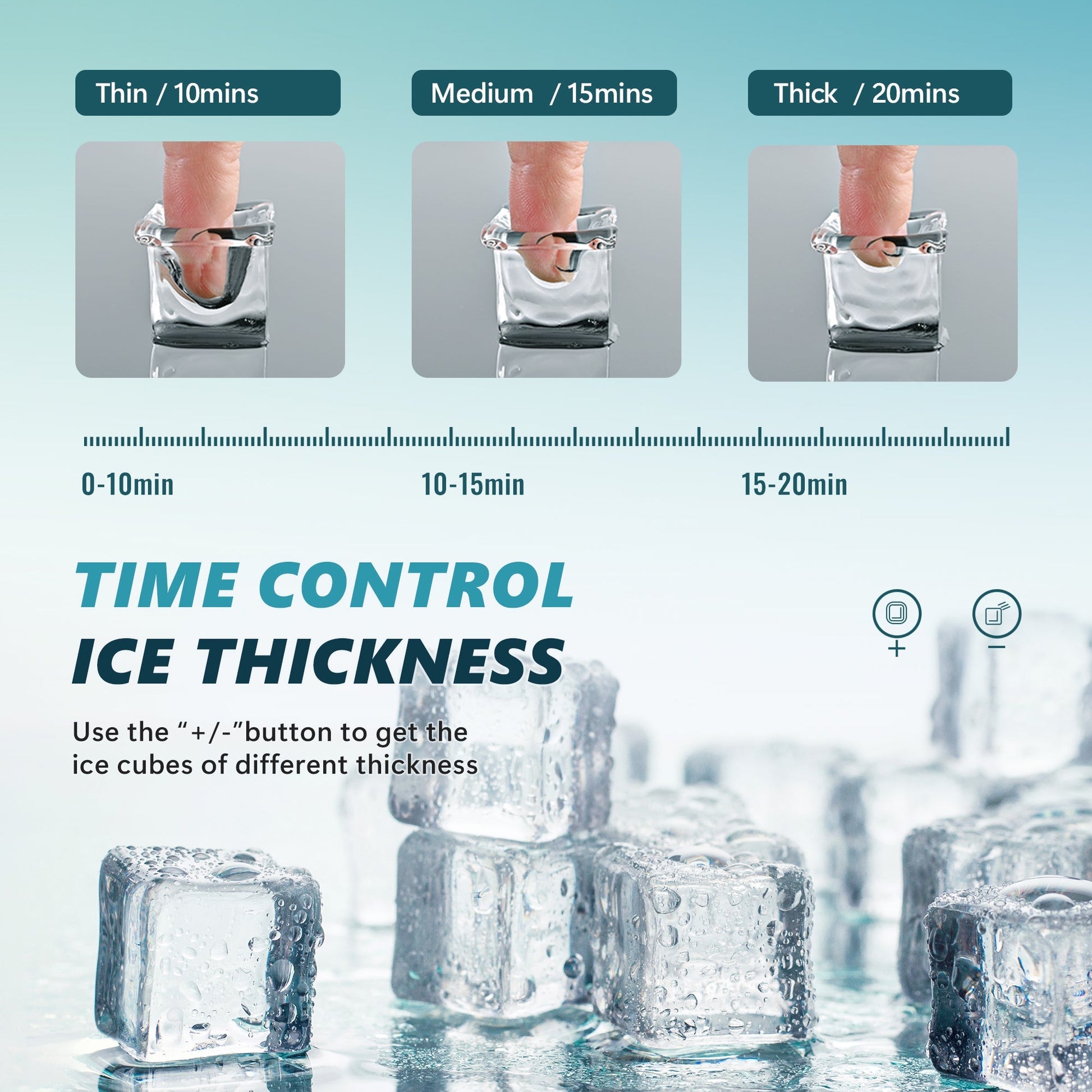 EUHOMY 14'' Cube Ice Compact Ice Maker Selectable Ice Thickness with Water Bucket Includes 2 Bottles of Cleaner - Euhomy