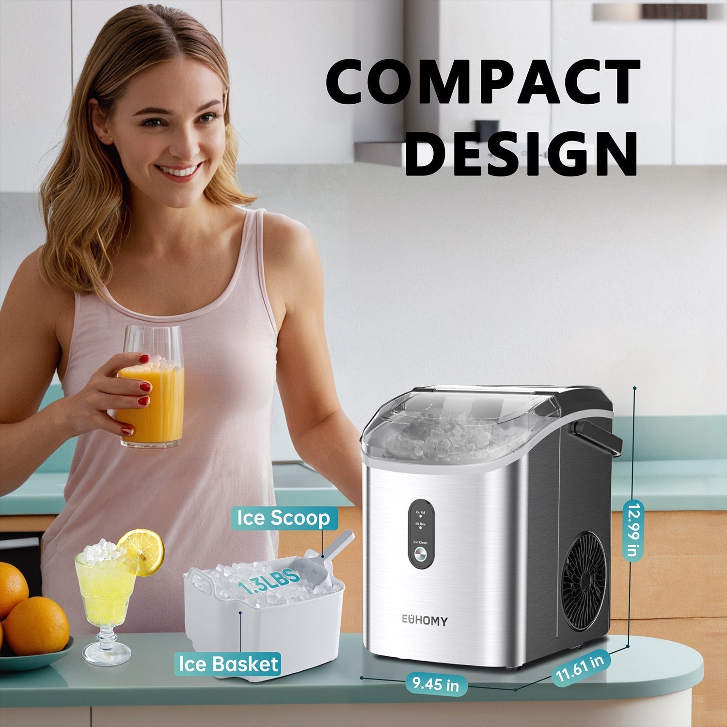 EUHOMY Portable Nugget Ice Maker Countertop Auto-Cleaning Sonic Includes 2 Bottles of Cleaner - Euhomy