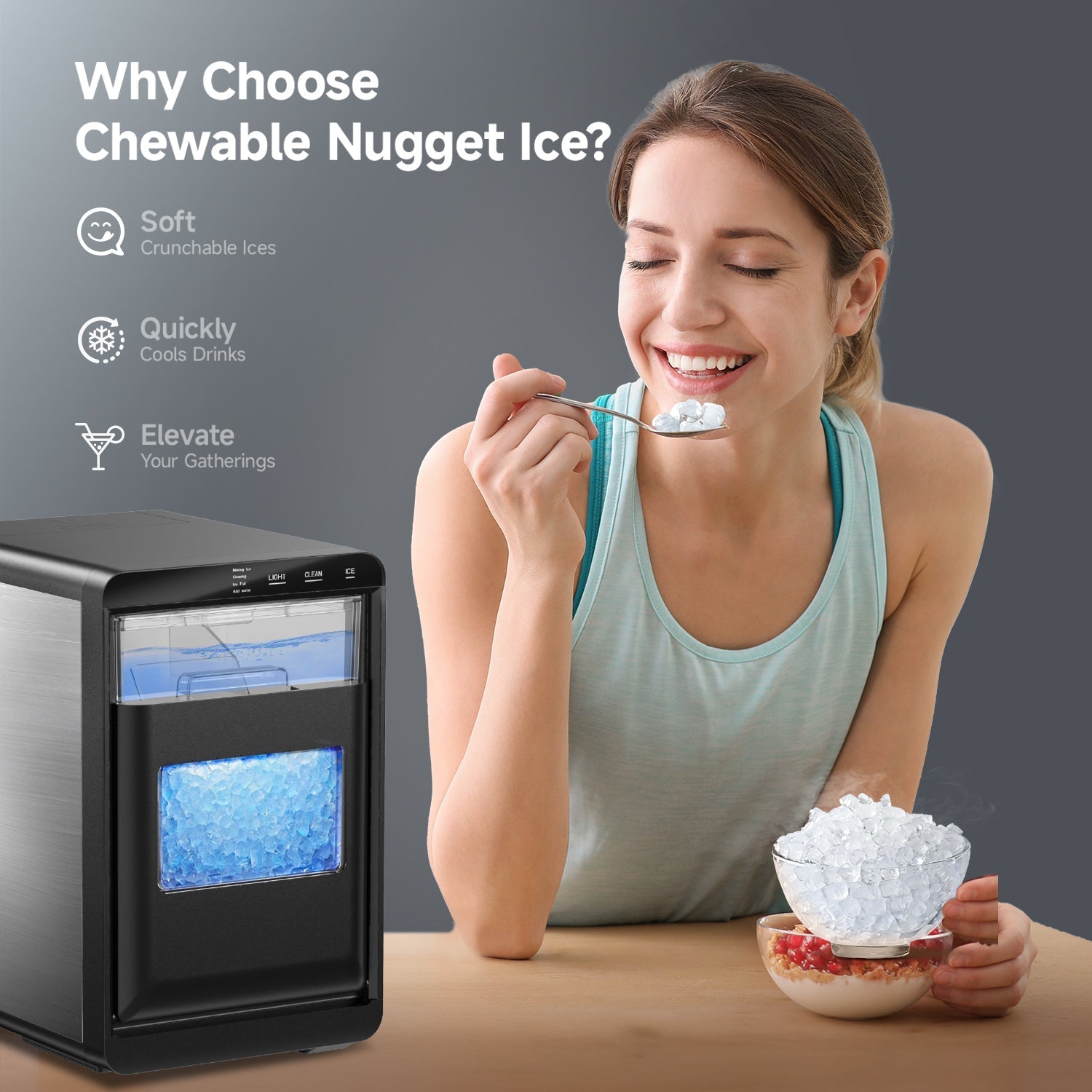 EUHOMY Nugget Ice Maker Countertop, 44Lbs/24H Pebble Ice Maker Machine Includes 2 Bottles of Cleaner - Euhomy